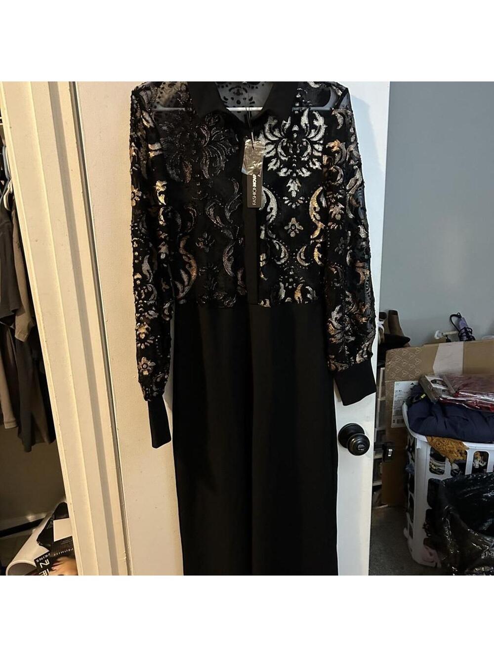 New with tags Fashion Nova black & gold lace wide leg jumpsuit size L